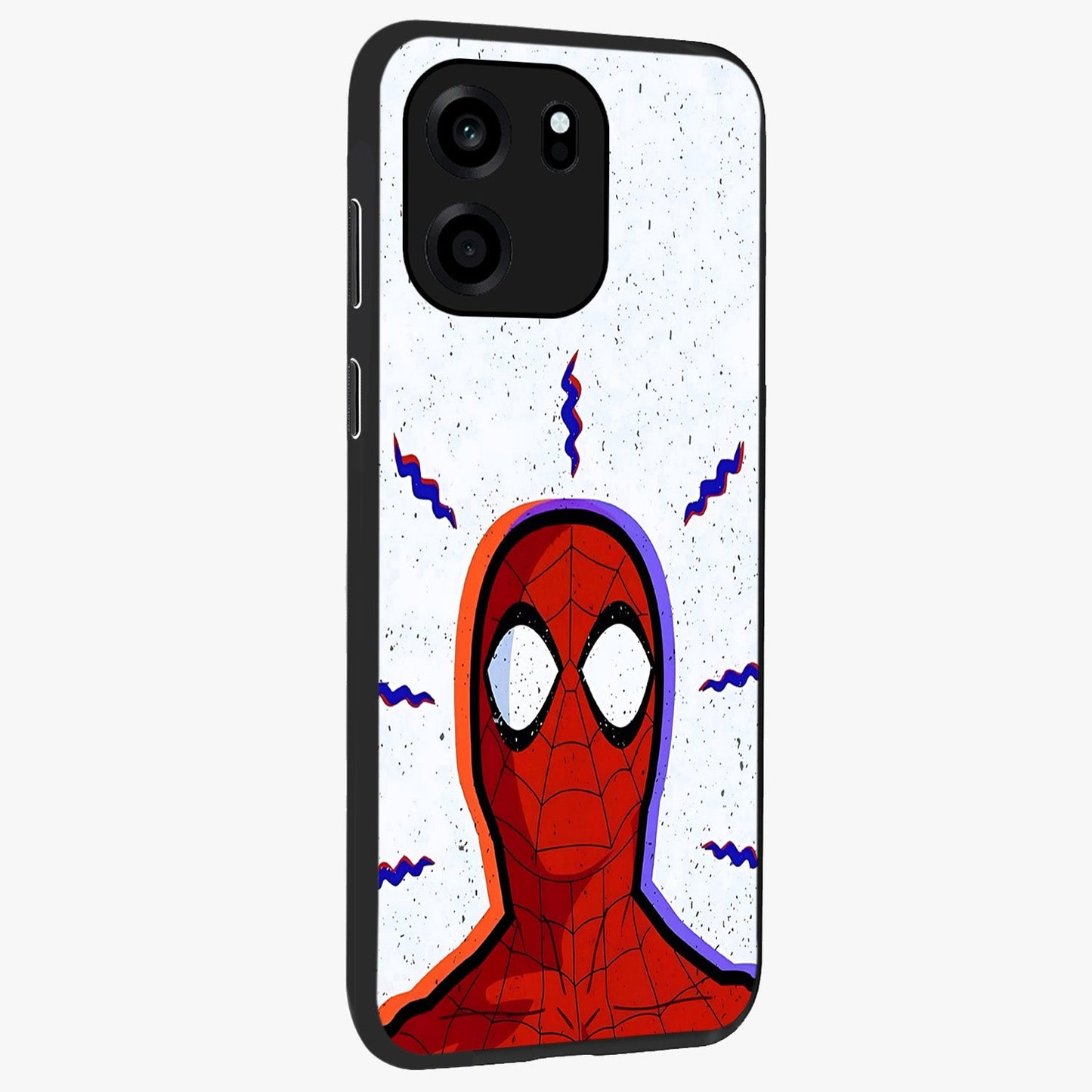 Omg Spiderman Glass Case upright view showcasing energetic superhero artwork with vibrant comic theme.
