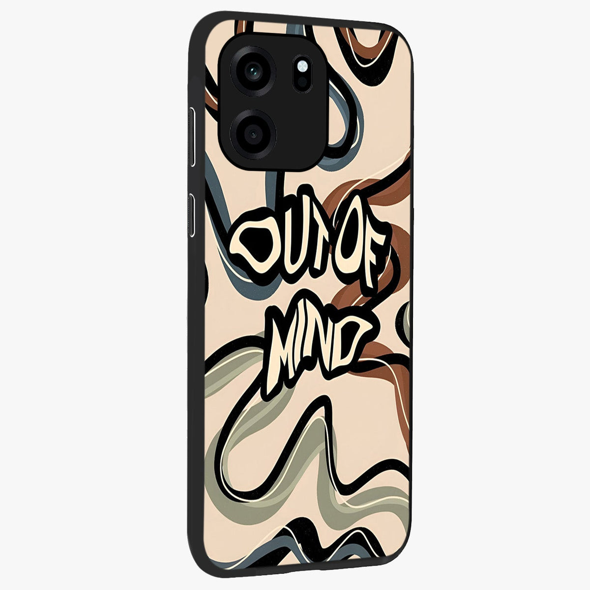 Out Of Mind Glass Case upright view showcasing striking typography artwork with edgy conceptual theme.