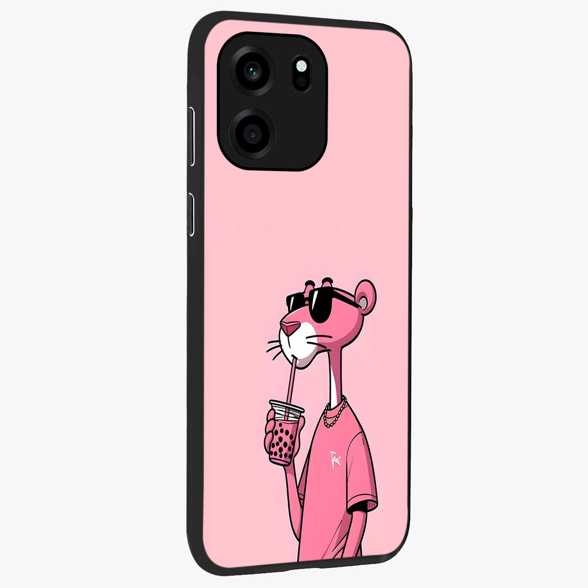 Pink Panther Glass Case upright view showcasing fun animated artwork with stylish retro cartoon theme.