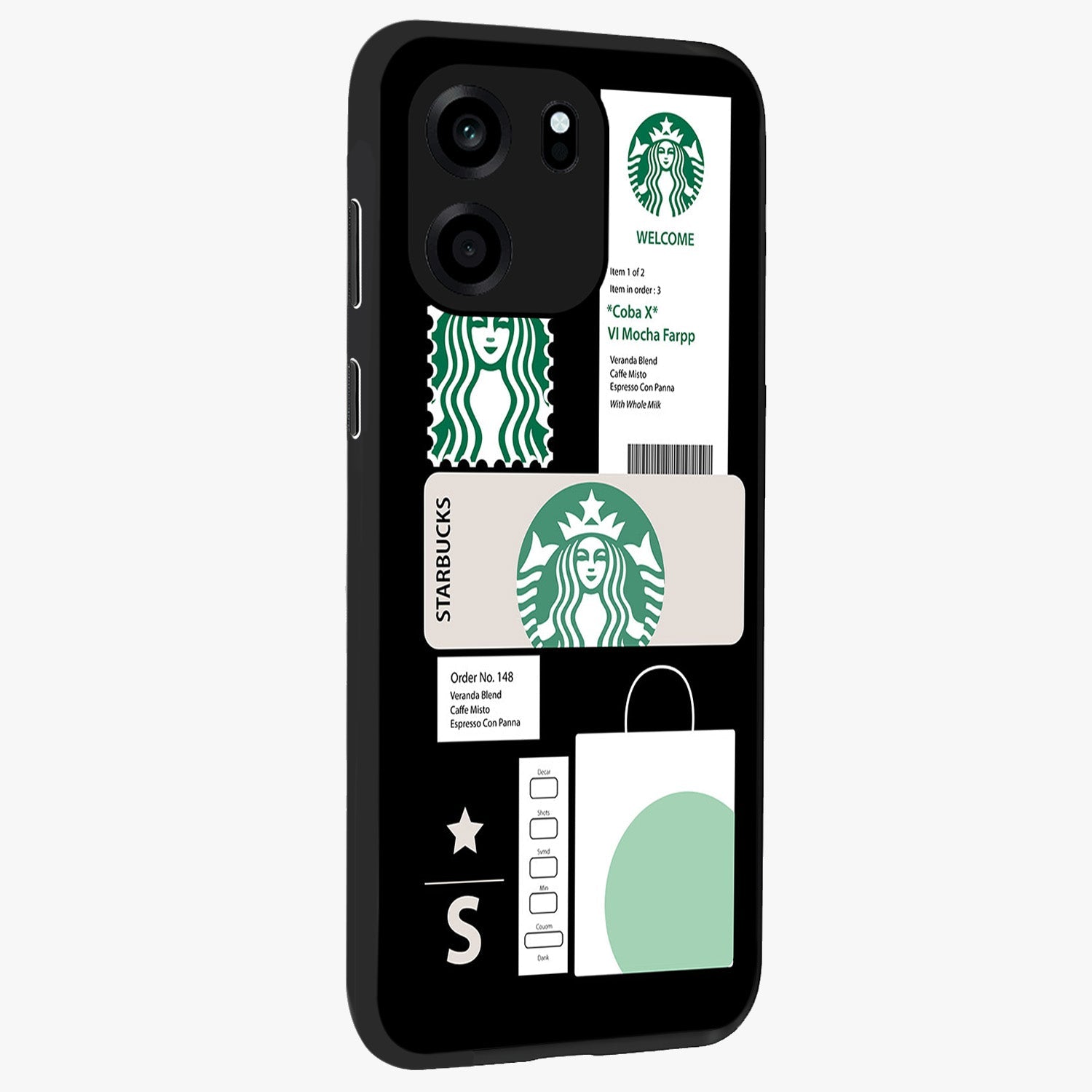 Starbucks Mocha Glass Case upright view showcasing trendy coffee inspired artwork with modern lifestyle theme.