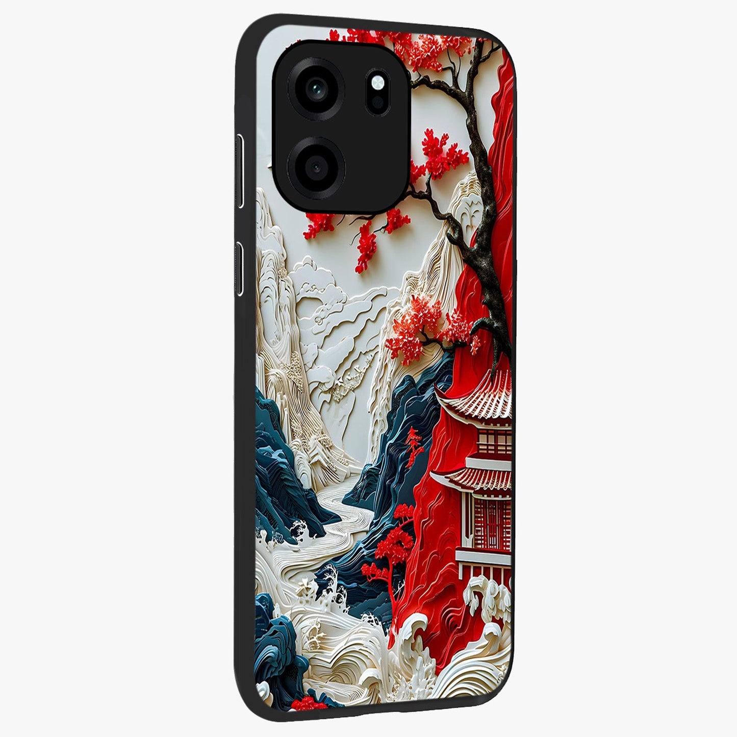 Whispers Of Sakura Waves Glass Case upright view showcasing delicate cherry blossom artwork with elegant nature theme.