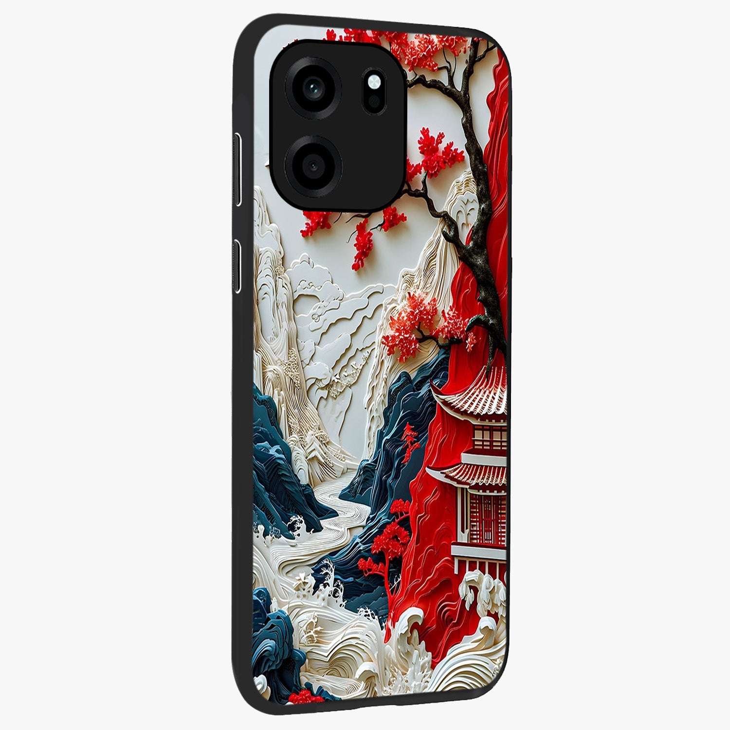Whispers Of Sakura Waves Glass Case upright view showcasing delicate cherry blossom artwork with elegant nature theme.