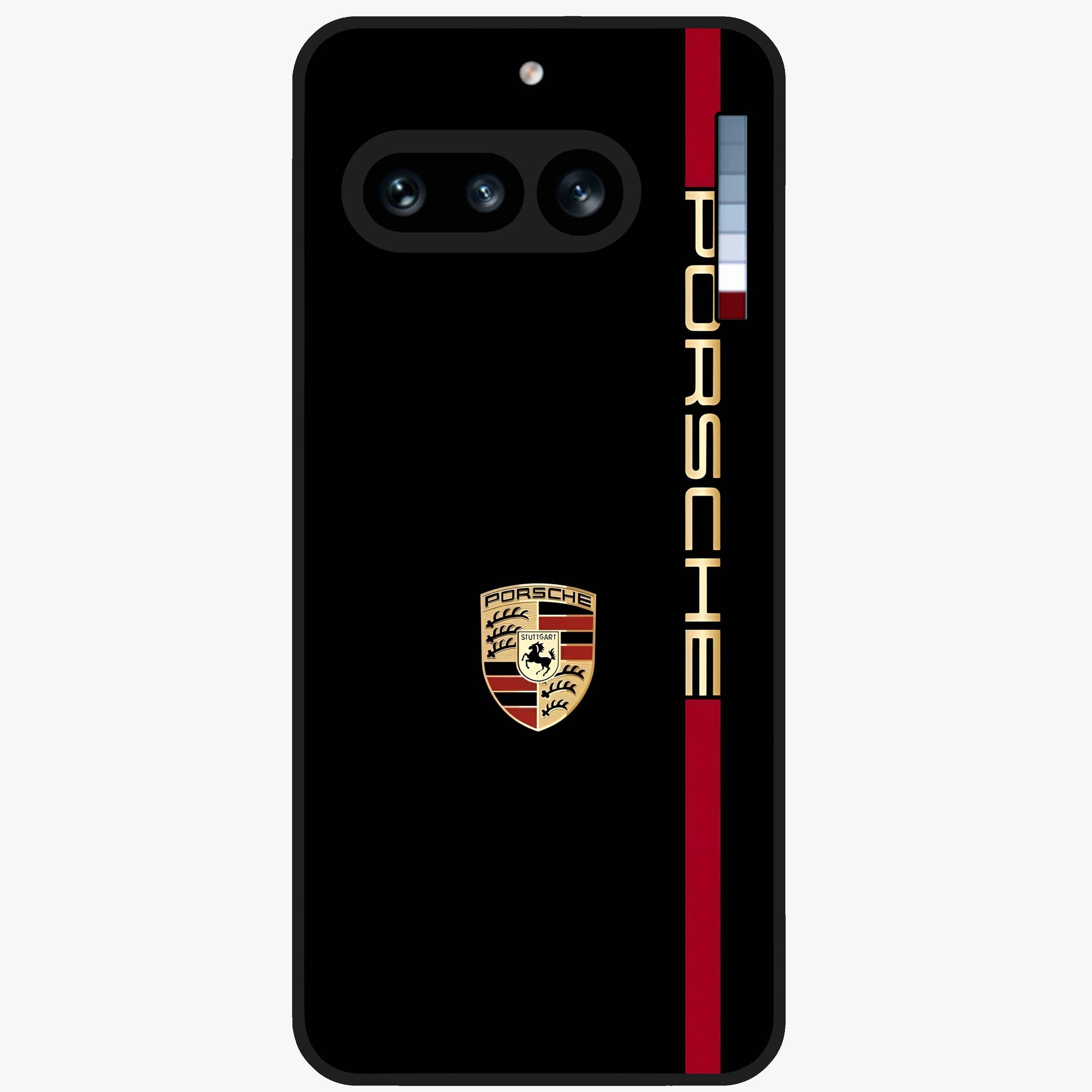 Black Minimal Porsche Glass Case showing flat back view with sleek minimal sports car artwork and glossy glass finish.