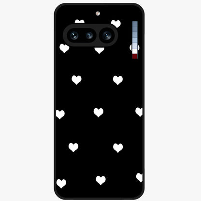 Cute And Simple White Hearts Glass Case showing flat back view with minimal white heart pattern and glossy glass finish.