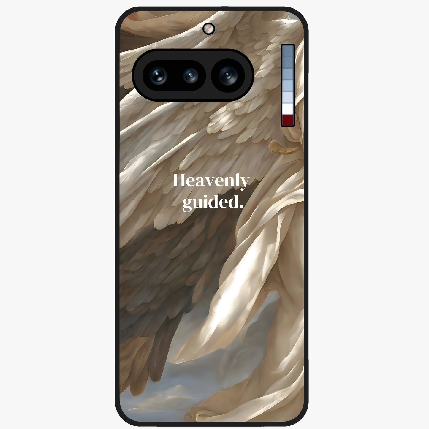 Divine Winged Grace Glass Case showing flat back view with elegant wing inspired artwork and glossy glass finish.