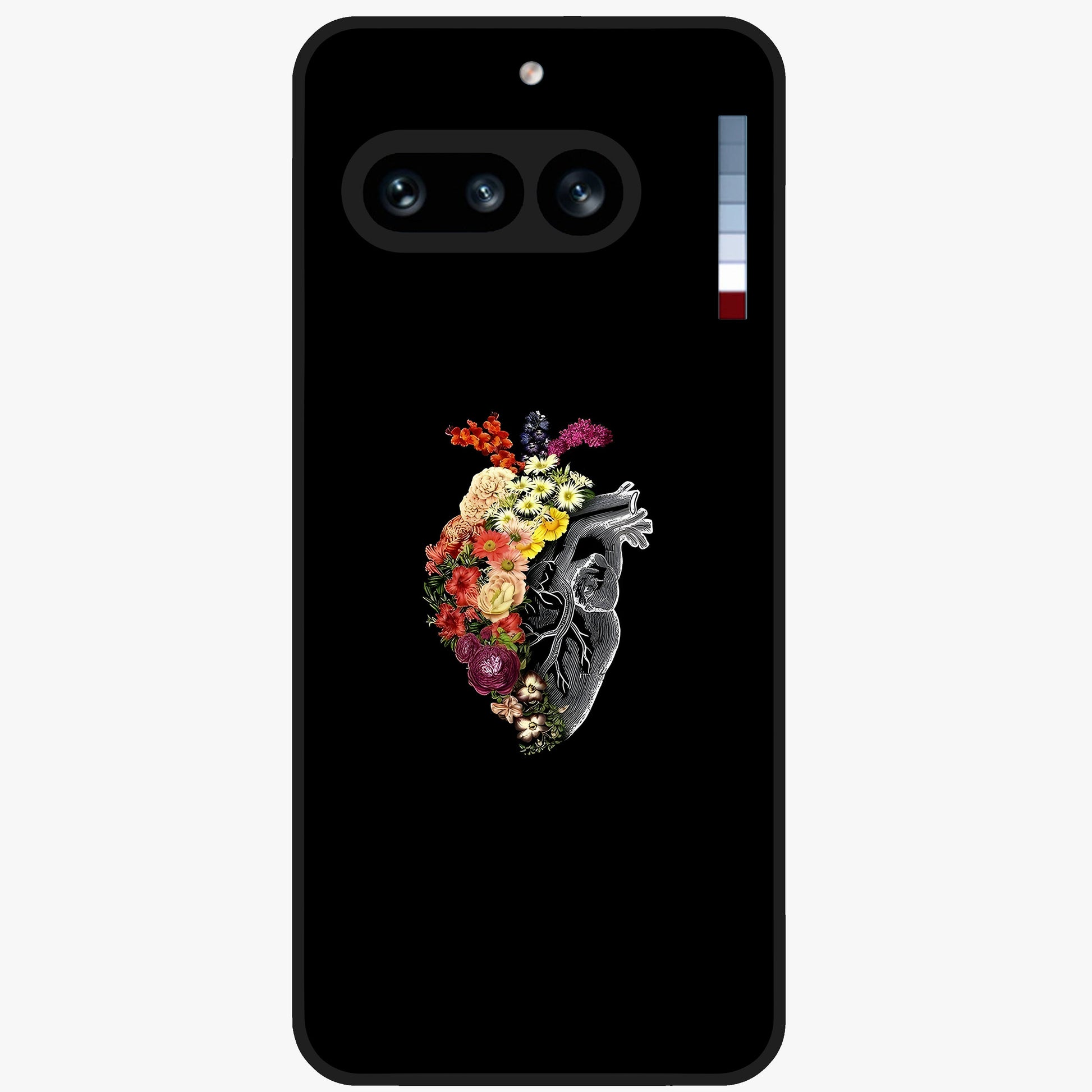 Heart With Flowers Glass Case showing flat back view with heart shaped floral artwork and glossy glass finish.
