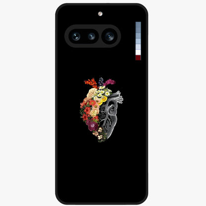 Heart With Flowers Glass Case showing flat back view with heart shaped floral artwork and glossy glass finish.