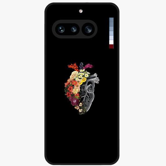 Heart With Flowers Glass Case showing flat back view with heart shaped floral artwork and glossy glass finish.