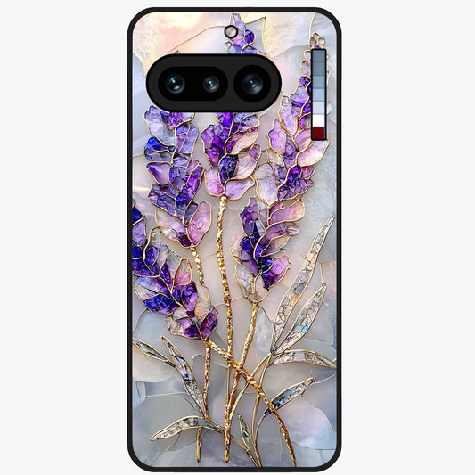 Lavender Dream Glow Glass Case showing flat back view with glowing lavender aesthetic artwork and glossy glass finish.