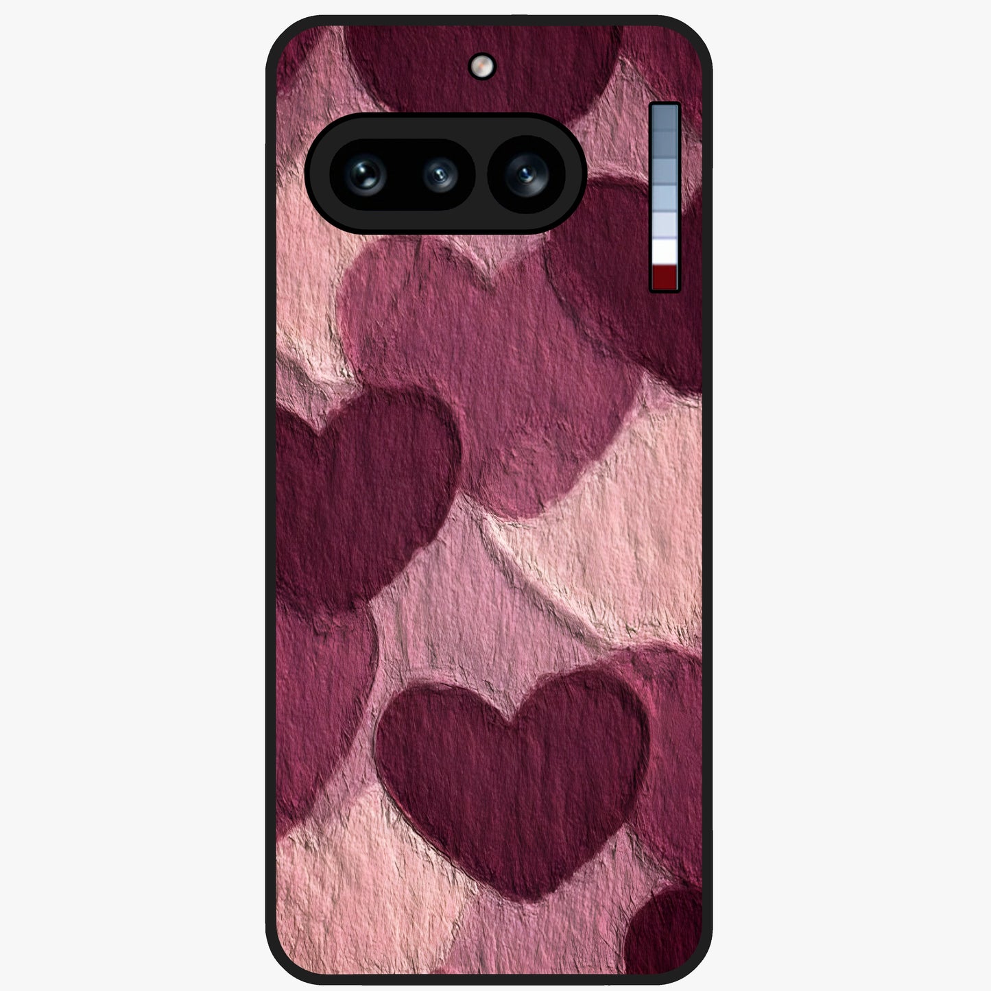 Layered Paper Hearts Glass Case showing flat back view with layered paper heart artwork and glossy glass finish.