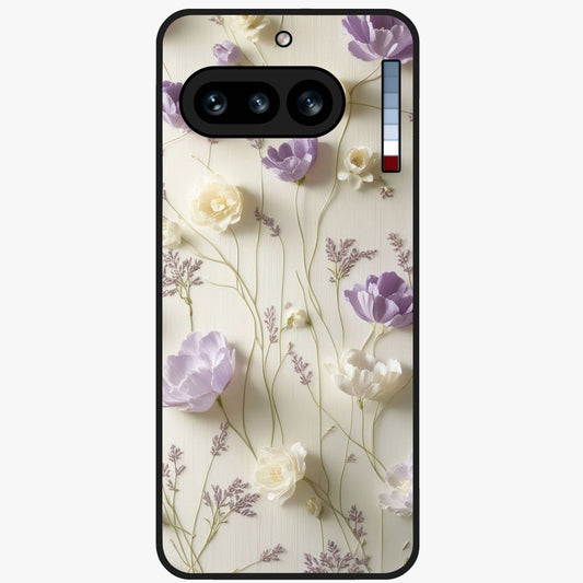 Lilac Breeze Harmony Glass Case showing flat back view with soft lilac themed artwork and glossy glass finish.