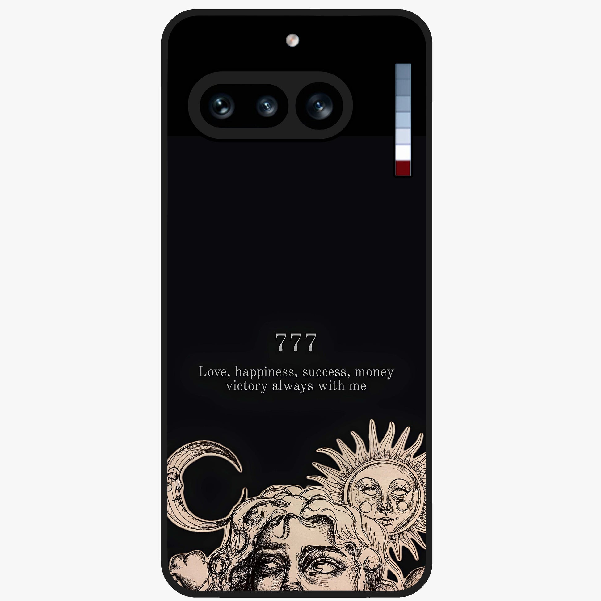 Mystic Victory Aura Glass Case showing flat back view with victory symbol artwork and glossy glass finish.