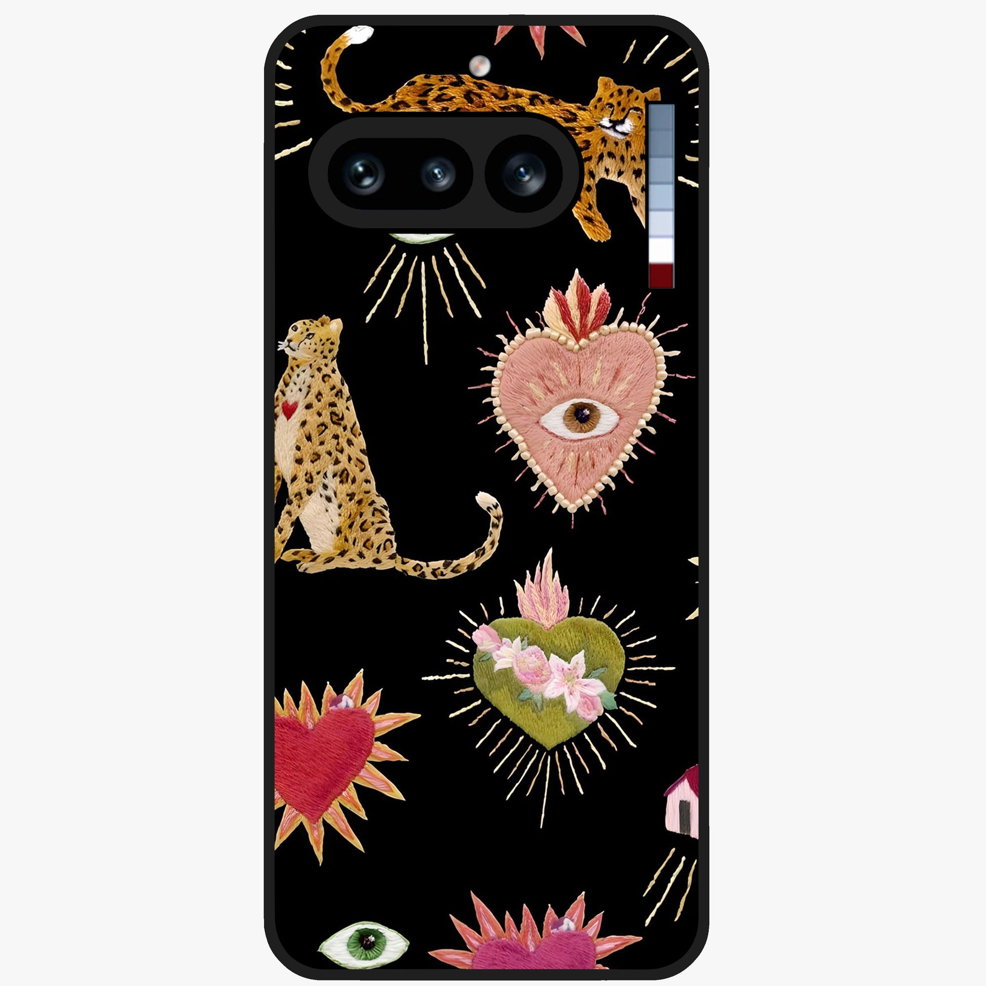 Sacred Jungle Heart Glass Case showing flat back view with jungle inspired heart artwork and glossy glass finish.