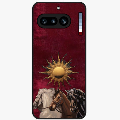 Solar Riders Glass Case showing flat back view with dynamic rider themed artwork and glossy glass finish.