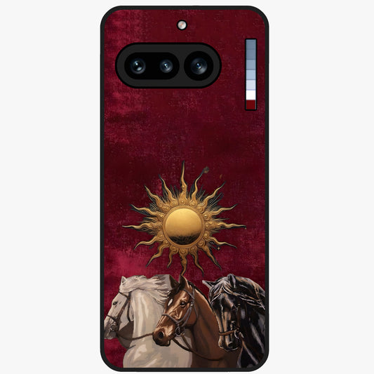 Solar Riders Glass Case showing flat back view with dynamic rider themed artwork and glossy glass finish.