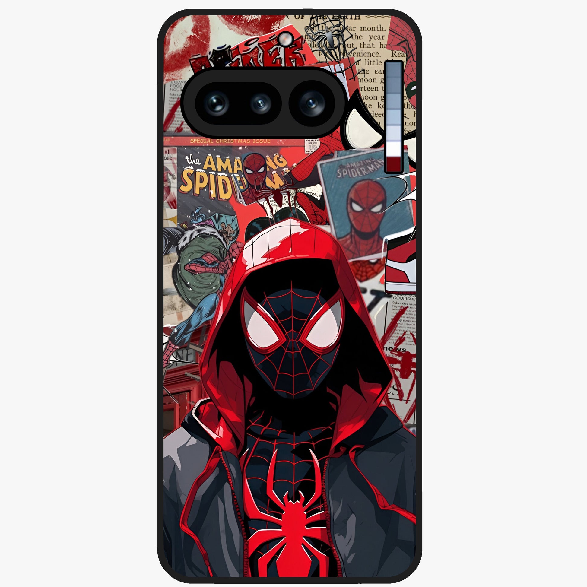 Spider Collage Street Glass Case showing flat back view with vibrant superhero collage artwork and glossy glass finish.