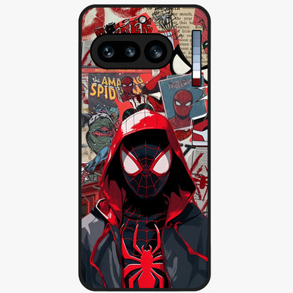Spider Collage Street Glass Case showing flat back view with vibrant superhero collage artwork and glossy glass finish.