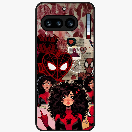 Spider Love Story Glass Case showing flat back view with romantic superhero themed artwork and glossy glass finish.