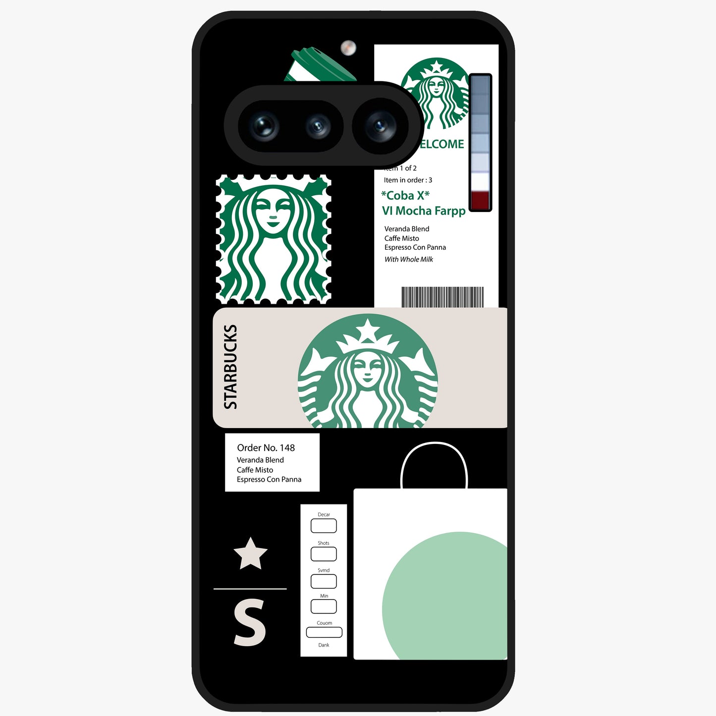 Starbucks Mocha Glass Case showing flat back view with coffee inspired artwork and glossy glass finish.