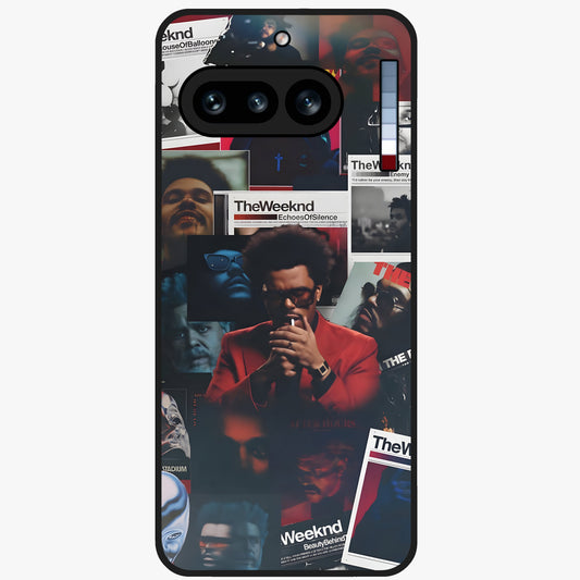 The Weeknd Glass Case showing flat back view with music inspired artistic portrait artwork and glossy glass finish.