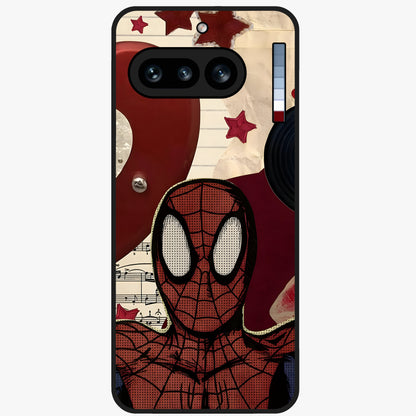 Web Warrior Vibes Glass Case showing flat back view with superhero inspired web themed artwork and glossy glass finish.