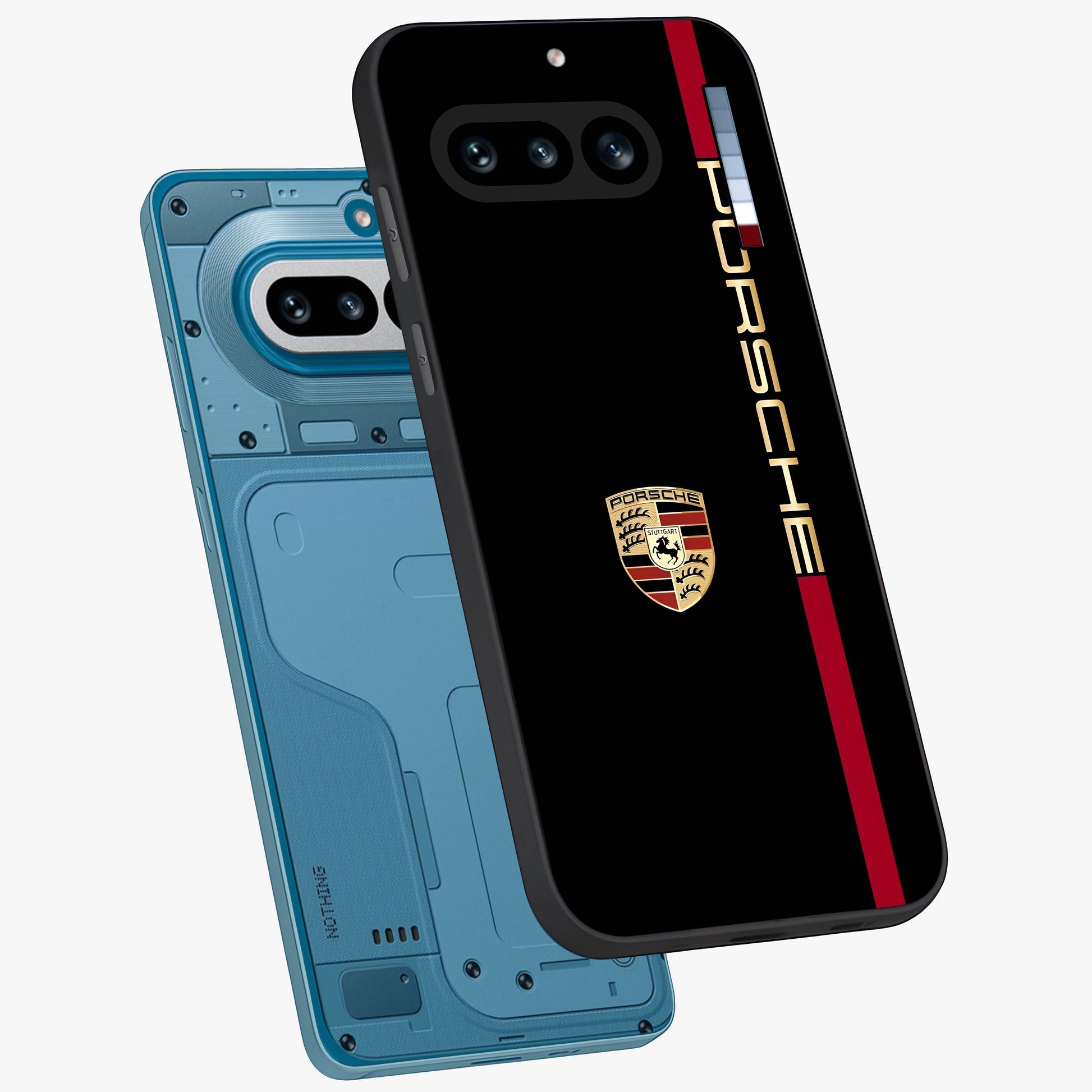 Black Minimal Porsche Glass Case displayed in angled mockup highlighting modern minimal car illustration and clean aesthetic design.