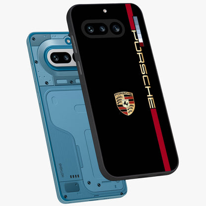 Black Minimal Porsche Glass Case displayed in angled mockup highlighting modern minimal car illustration and clean aesthetic design.