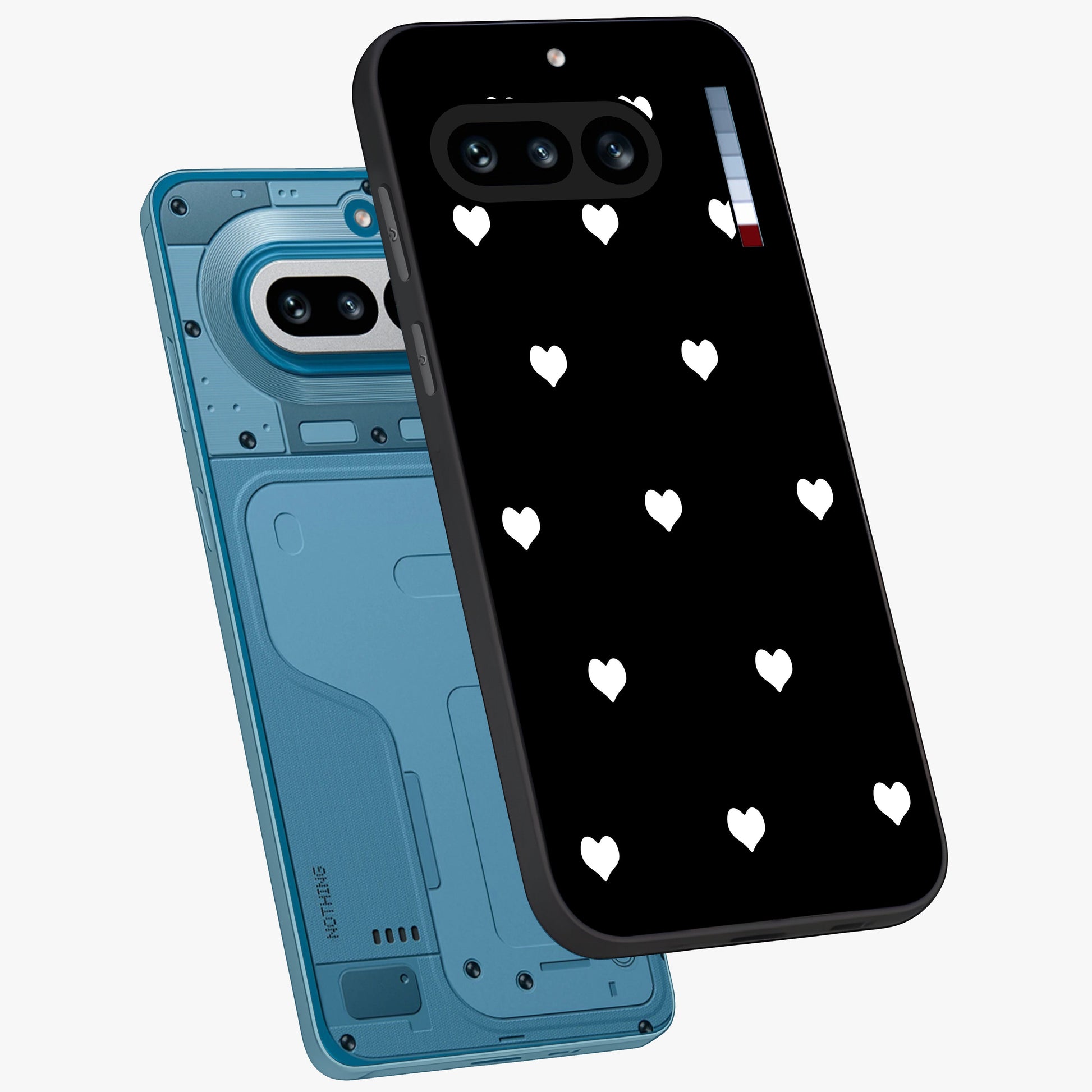 Cute And Simple White Hearts Glass Case displayed in angled mockup highlighting cute heart design with clean aesthetic style.