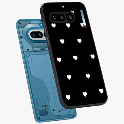 Cute And Simple White Hearts Glass Case displayed in angled mockup highlighting cute heart design with clean aesthetic style.