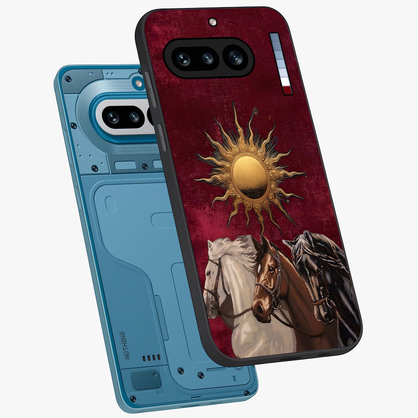Solar Riders Glass Case displayed in angled mockup highlighting powerful rider illustration with radiant solar aesthetic.