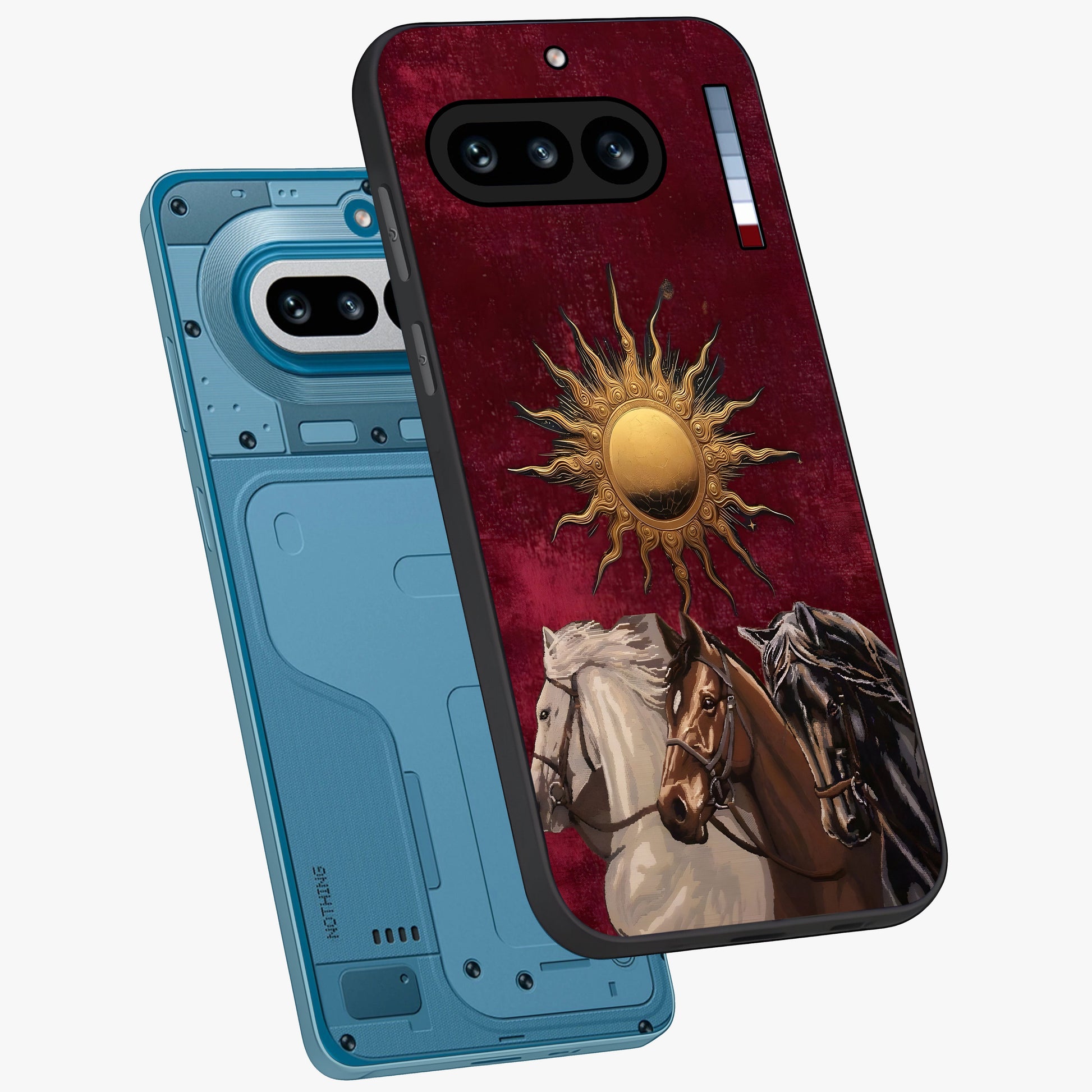 Solar Riders Glass Case displayed in angled mockup highlighting powerful rider illustration with radiant solar aesthetic.