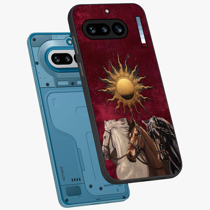 Solar Riders Glass Case displayed in angled mockup highlighting powerful rider illustration with radiant solar aesthetic.