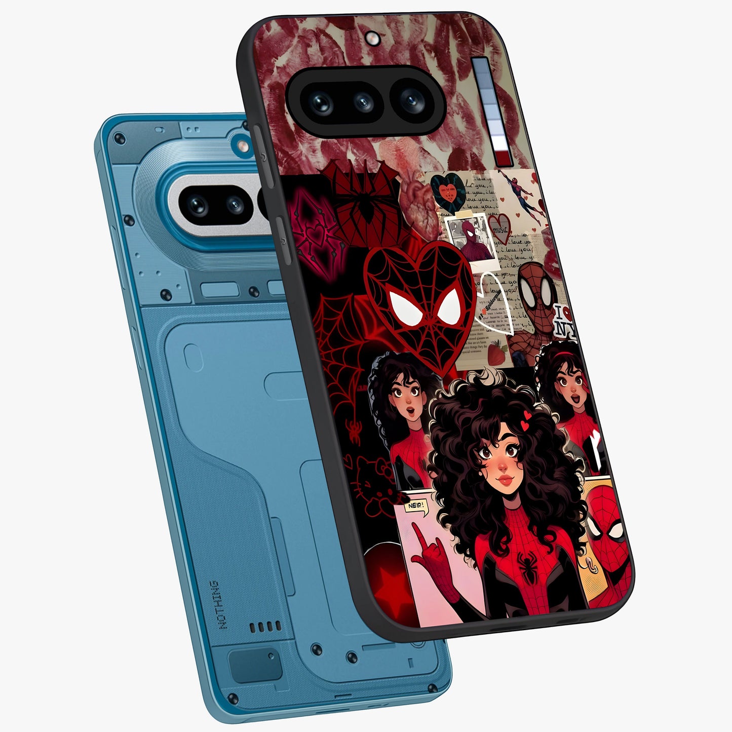 Spider Love Story Glass Case displayed in angled mockup highlighting expressive comic inspired design with playful aesthetic.