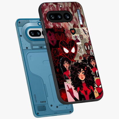Spider Love Story Glass Case displayed in angled mockup highlighting expressive comic inspired design with playful aesthetic.