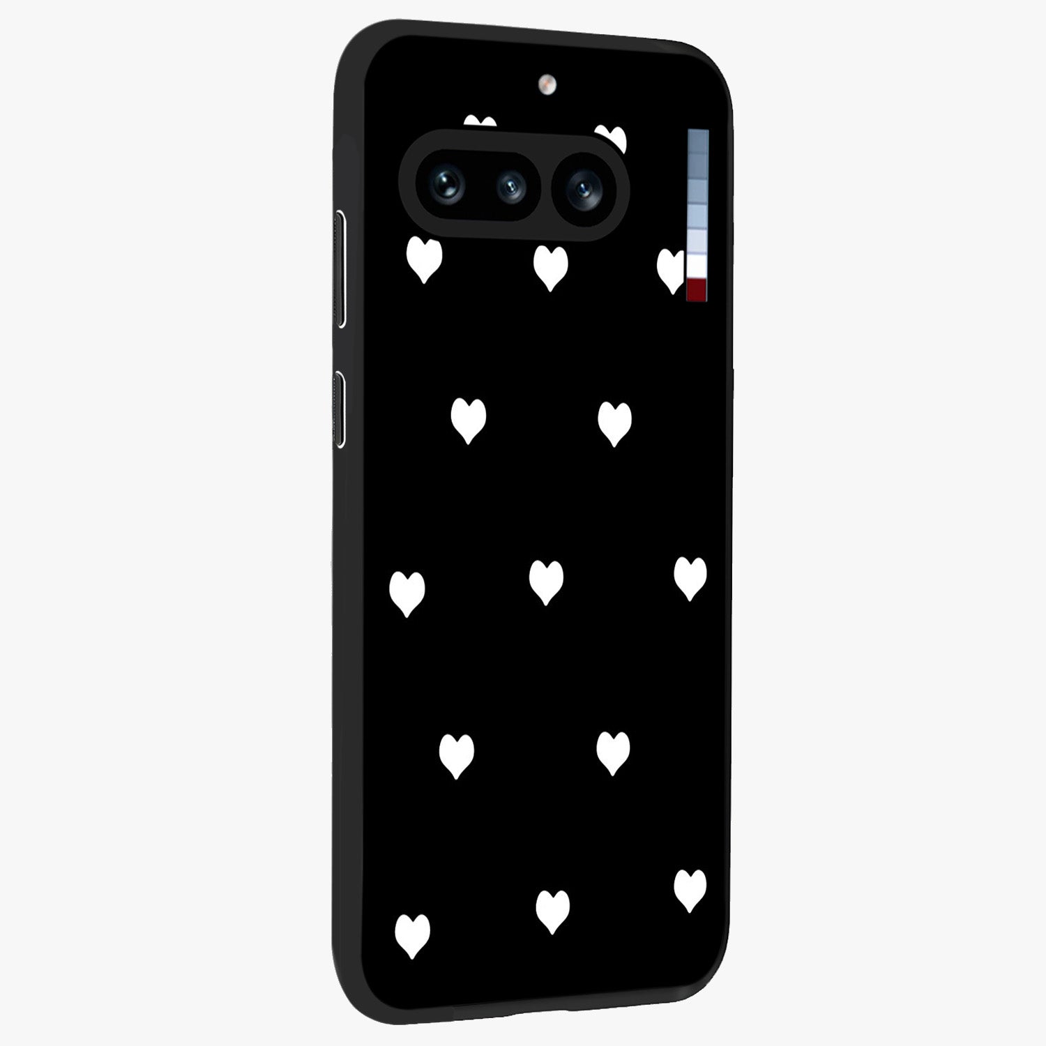 Cute And Simple White Hearts Glass Case upright view showcasing simple white hearts artwork with soft minimal theme.