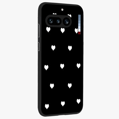 Cute And Simple White Hearts Glass Case upright view showcasing simple white hearts artwork with soft minimal theme.