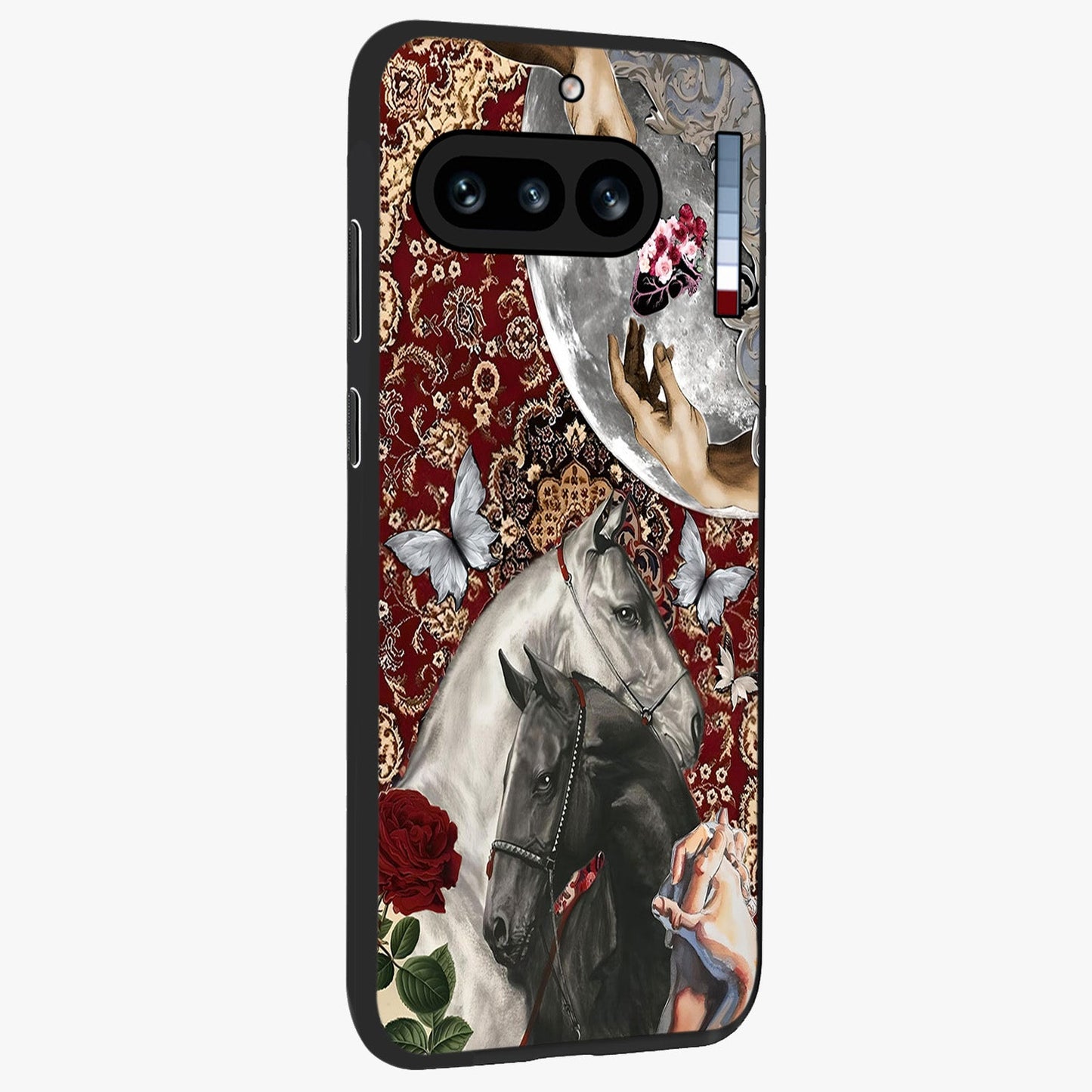 Moonlit Royal Stallion Glass Case upright view showcasing dramatic horse artwork with glowing moon themed design.