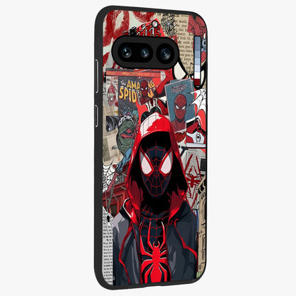 Spider Collage Street Glass Case upright view showcasing bold superhero artwork with urban street theme.