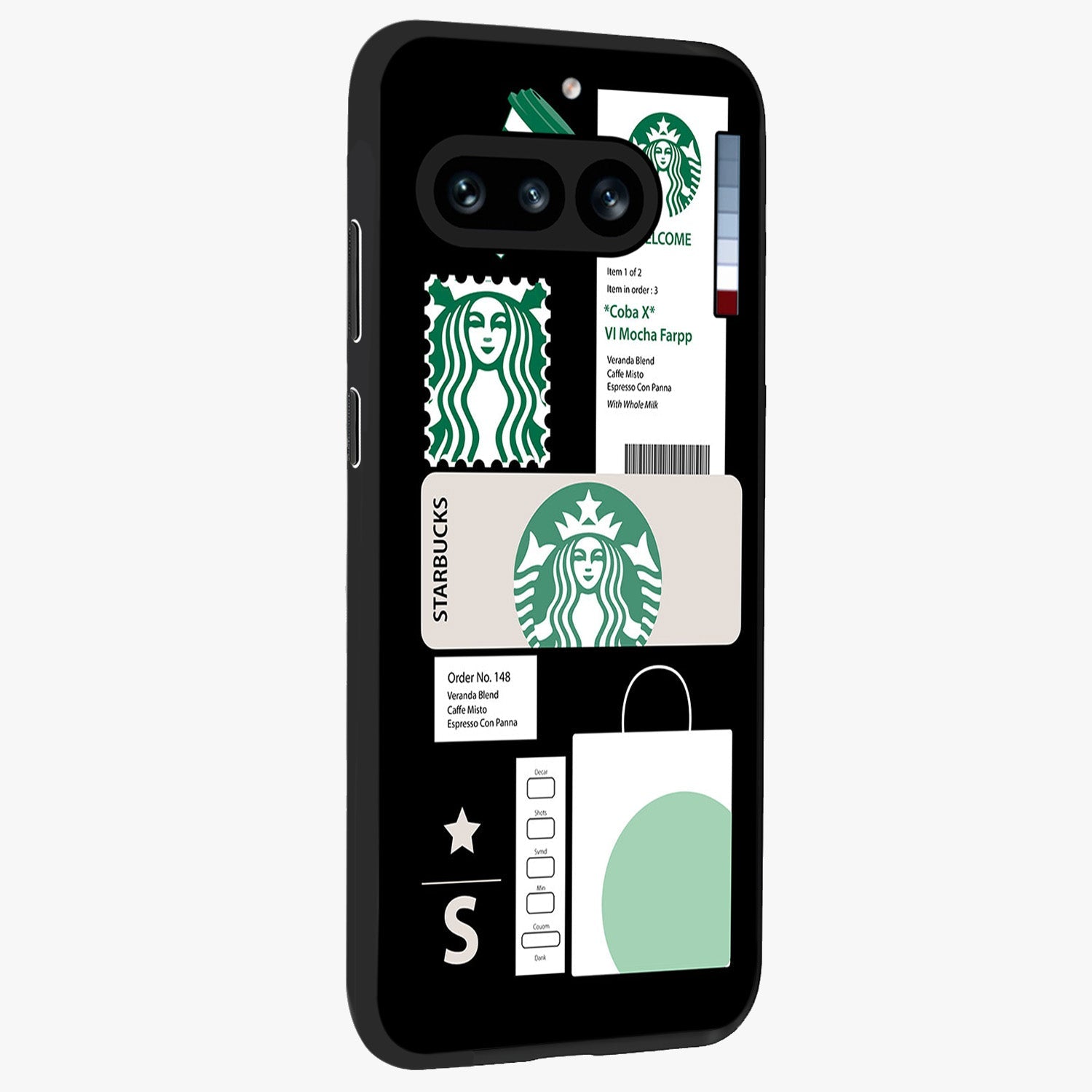 Starbucks Mocha Glass Case upright view showcasing trendy coffee inspired artwork with modern lifestyle theme.