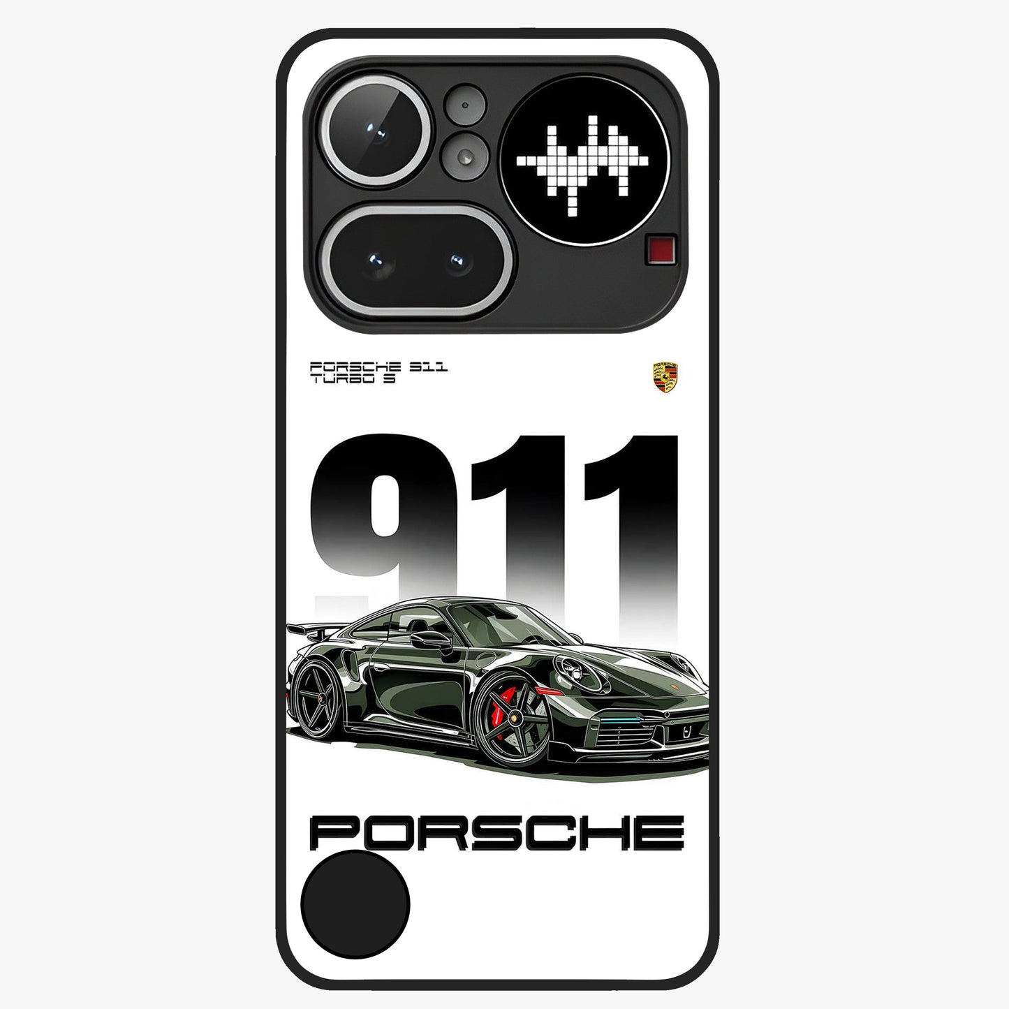 911 Turbo Dominance Glass Case showing clean flat back view with bold 911 sports car artwork and glossy glass finish.