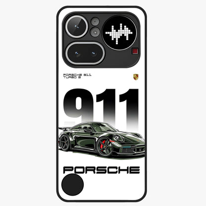 911 Turbo Dominance Glass Case showing clean flat back view with bold 911 sports car artwork and glossy glass finish.