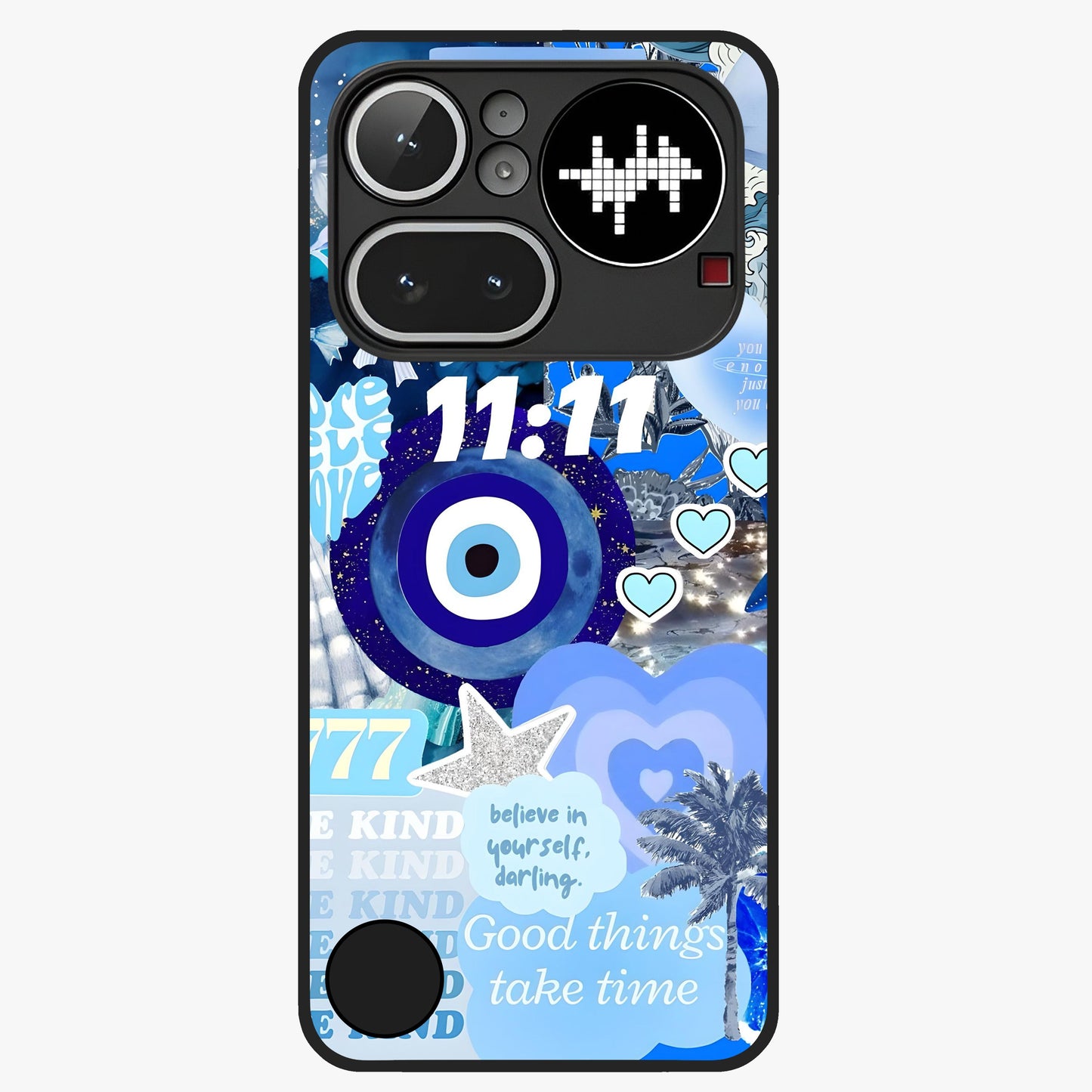 Aesthetic Be Kind Eye Glass Case showing flat back view with motivational eye artwork and glossy glass finish.