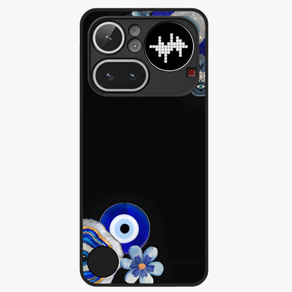 Aesthetic Blue Evil Eye Glass Case showing flat back view with protective evil eye artwork and glossy glass finish.