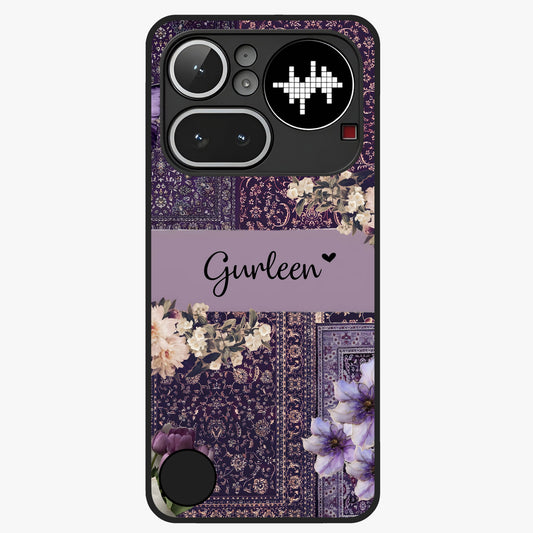 Antique Floral Whisper Custom Name Glass Case showing flat back view with vintage floral artwork and personalized name design.