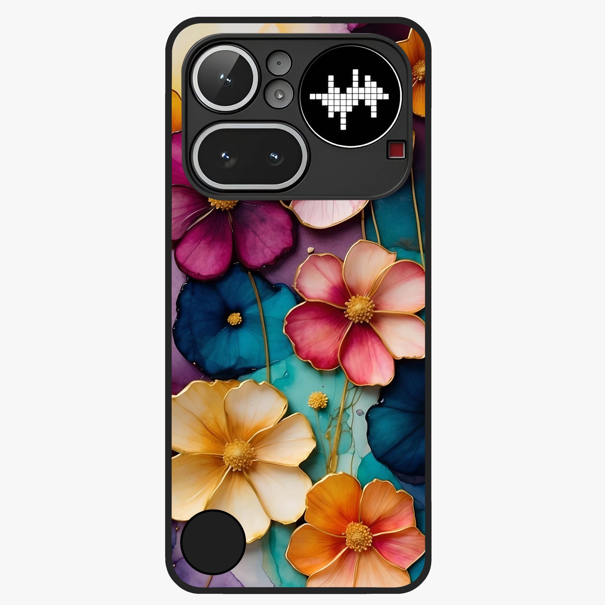 Artlyn Grace Flower Pattern Glass Case showing flat back view with elegant floral pattern artwork and glossy glass finish.