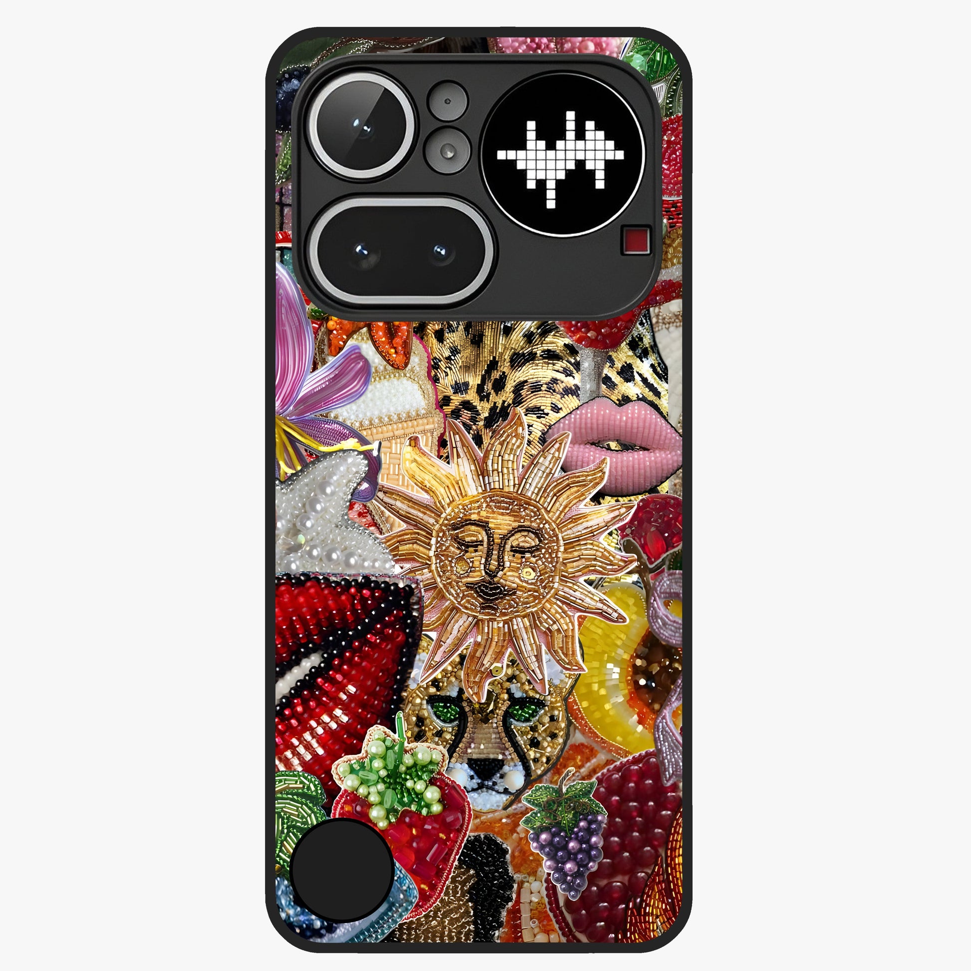Beaded Fashion Jungle Glass Case showing flat back view with vibrant jungle inspired bead artwork and glossy glass finish.