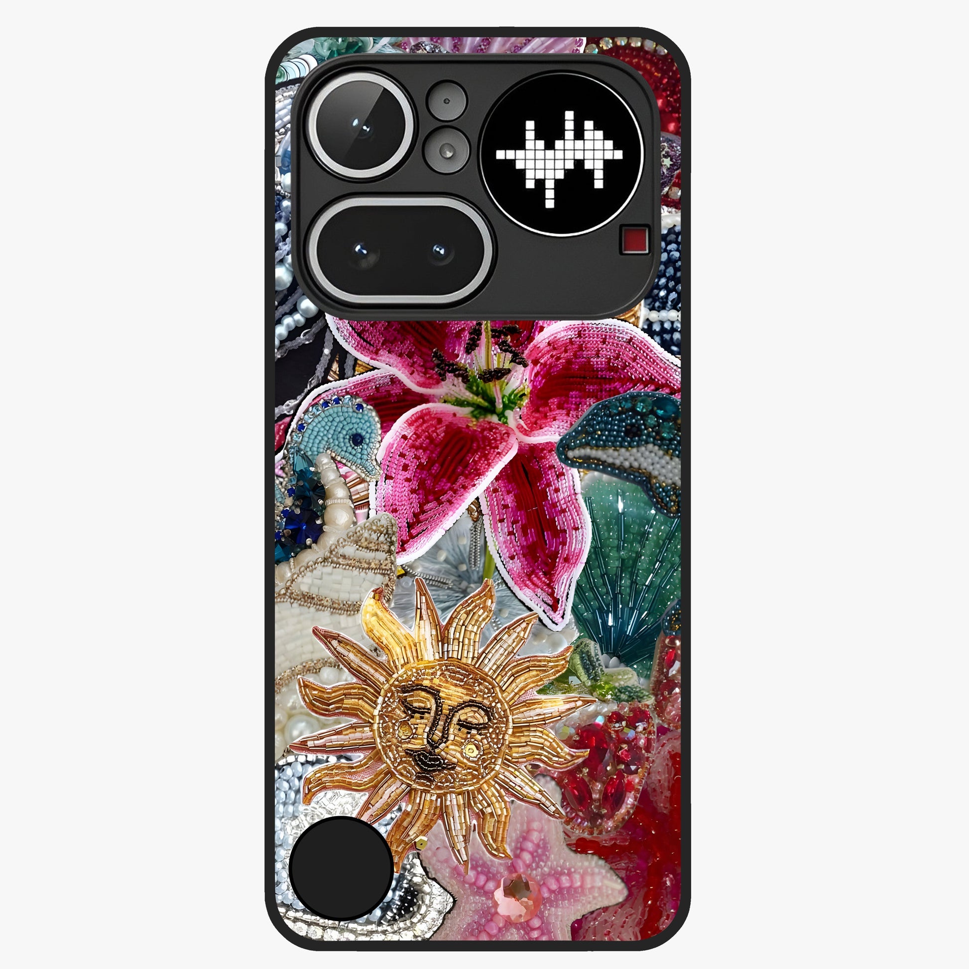 Beaded Garden Fantasy Glass Case showing flat back view with dreamy garden bead artwork and glossy glass finish.