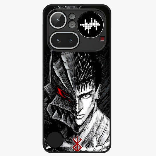 Berserker Blood Oath Glass Case showing flat back view with fierce warrior inspired artwork and glossy glass finish.