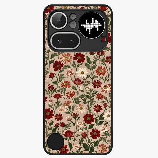 Biege Flower With Leaf Glass Case showing flat back view with soft beige floral artwork and glossy glass finish.