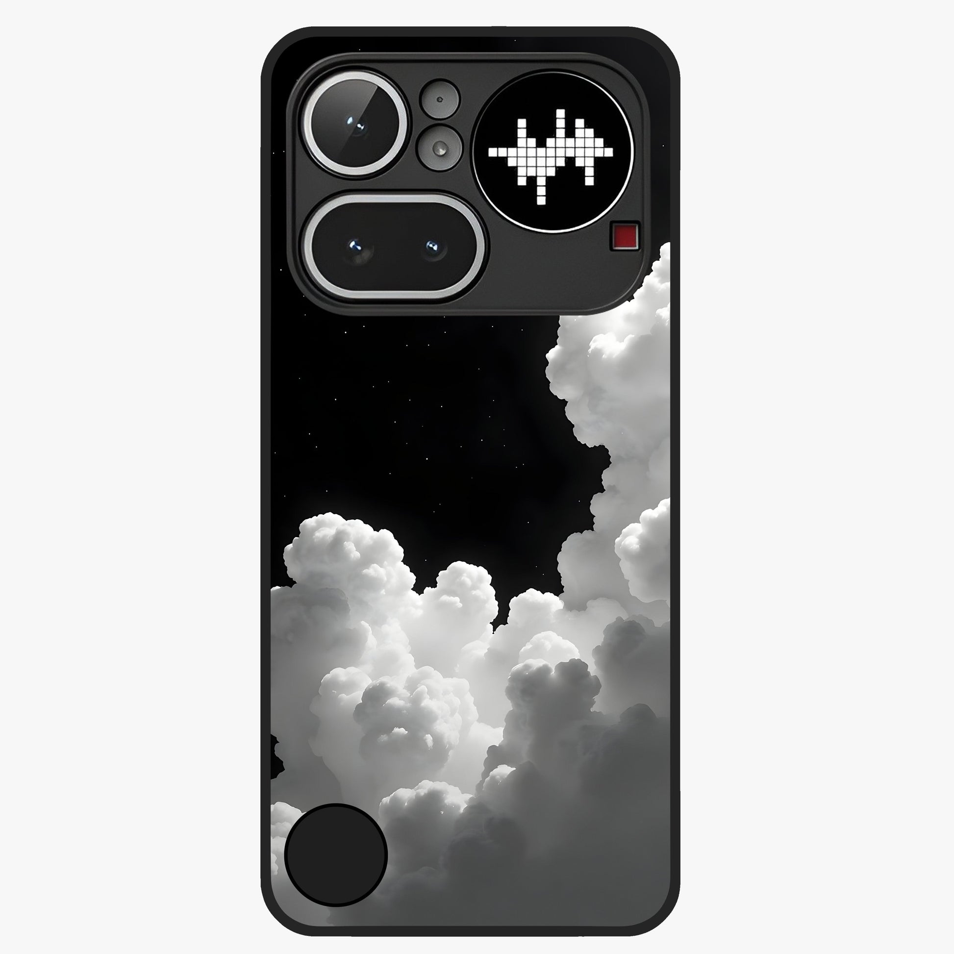 Black Background With White Cloud Glass Case showing flat back view with minimal cloud artwork on dark background and glossy glass finish.